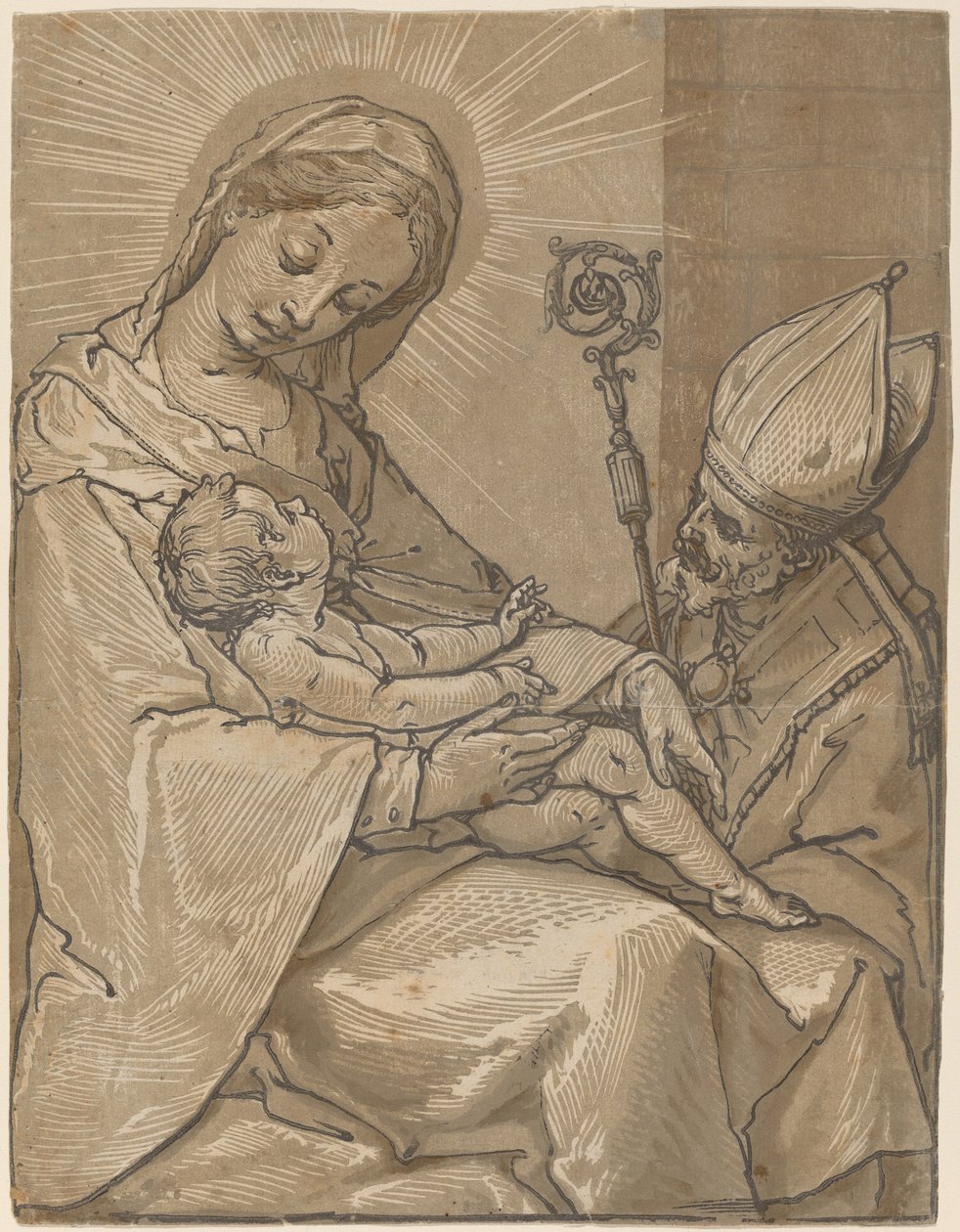 Madonna og barn med en biskop, 1591. af Andrea Andreani