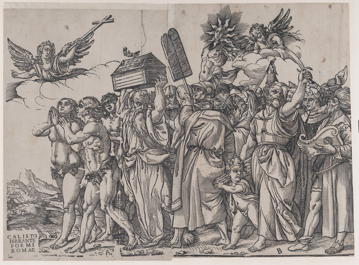 Afsnit A: en engel, der holder et kors øverst til venstre, Adam og Eva nedenfor, fra The Triumph of..., 1836. af Andrea Andreani