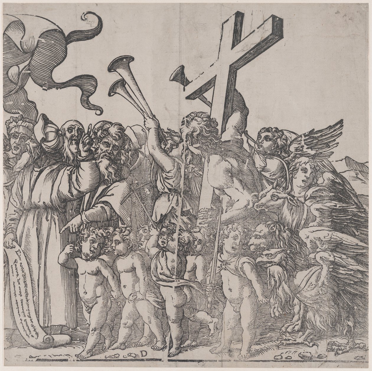 Afsnit D: engle, der lader trompeter osv., fra The Triumph of Christ, 1836. af Andrea Andreani