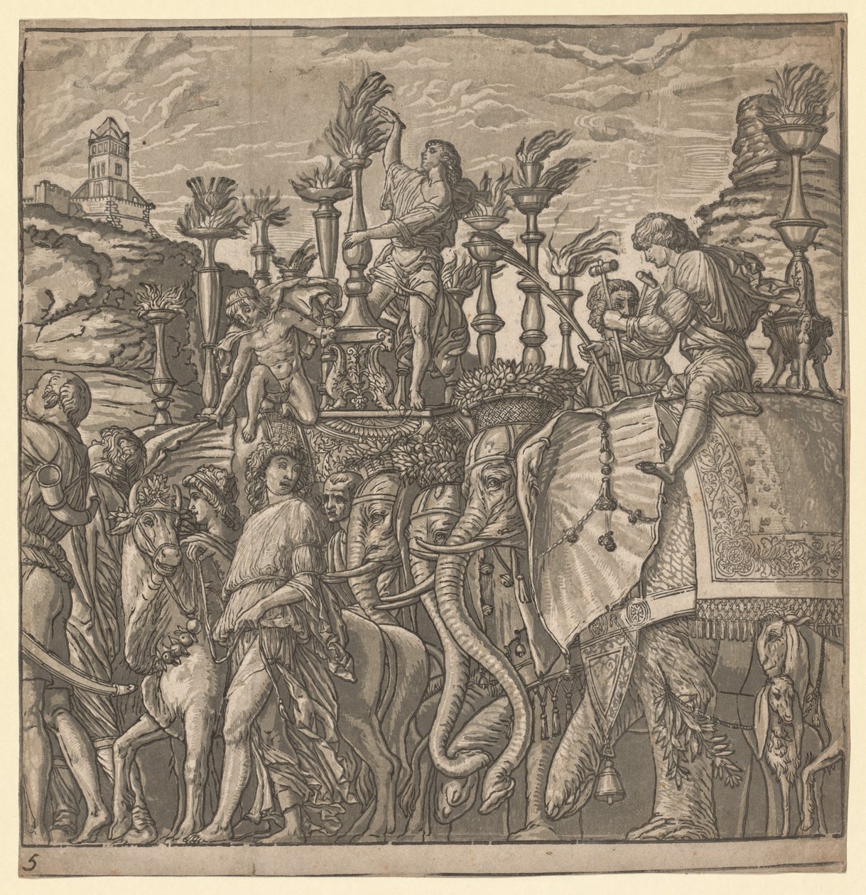 Julius Cæsars triumf: Elefanter, der bærer fakler, 1593-99. af Andrea Andreani