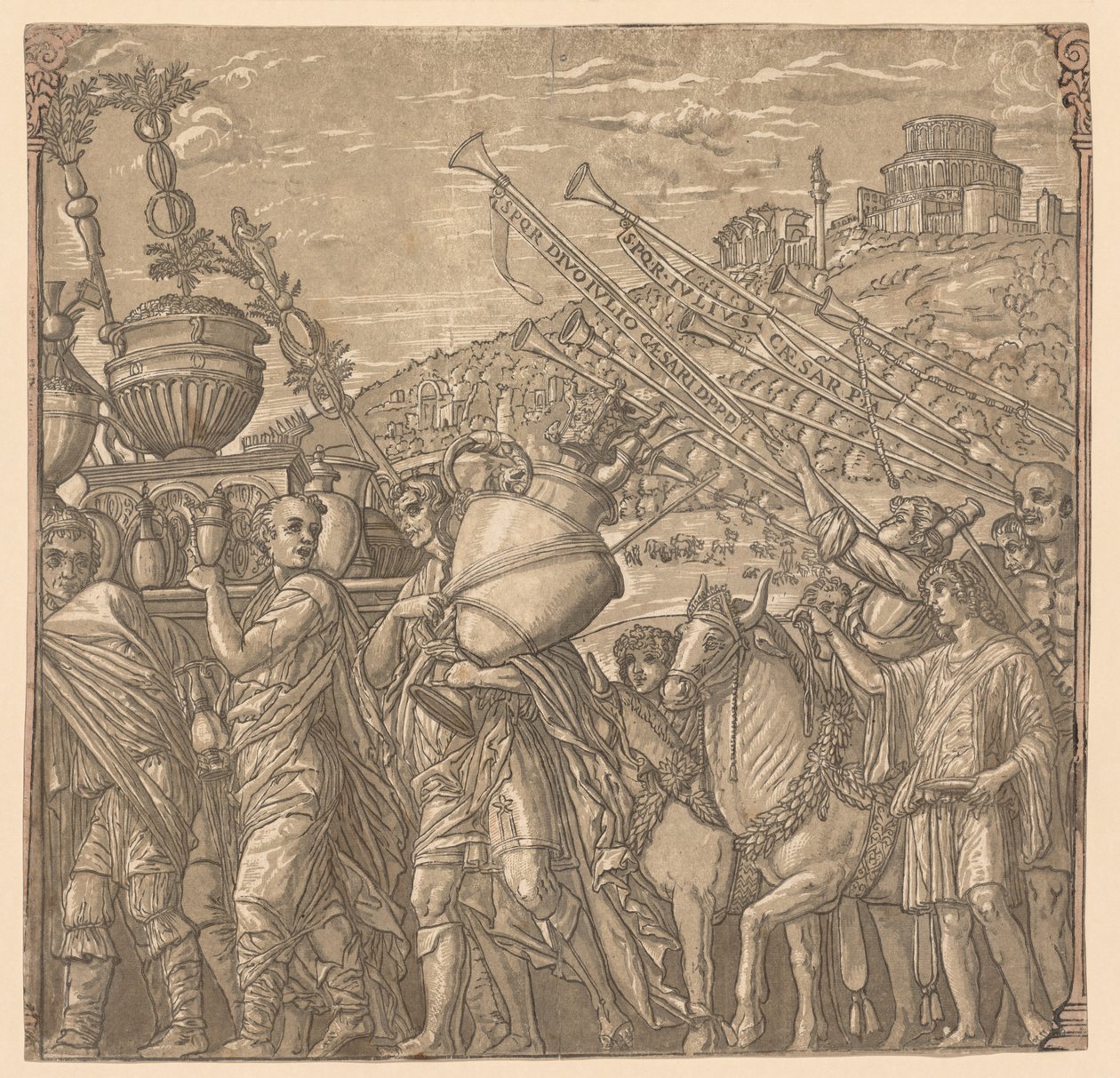 Julius Cæsars triumf: soldater, der bærer vaser, 1593-99. af Andrea Andreani
