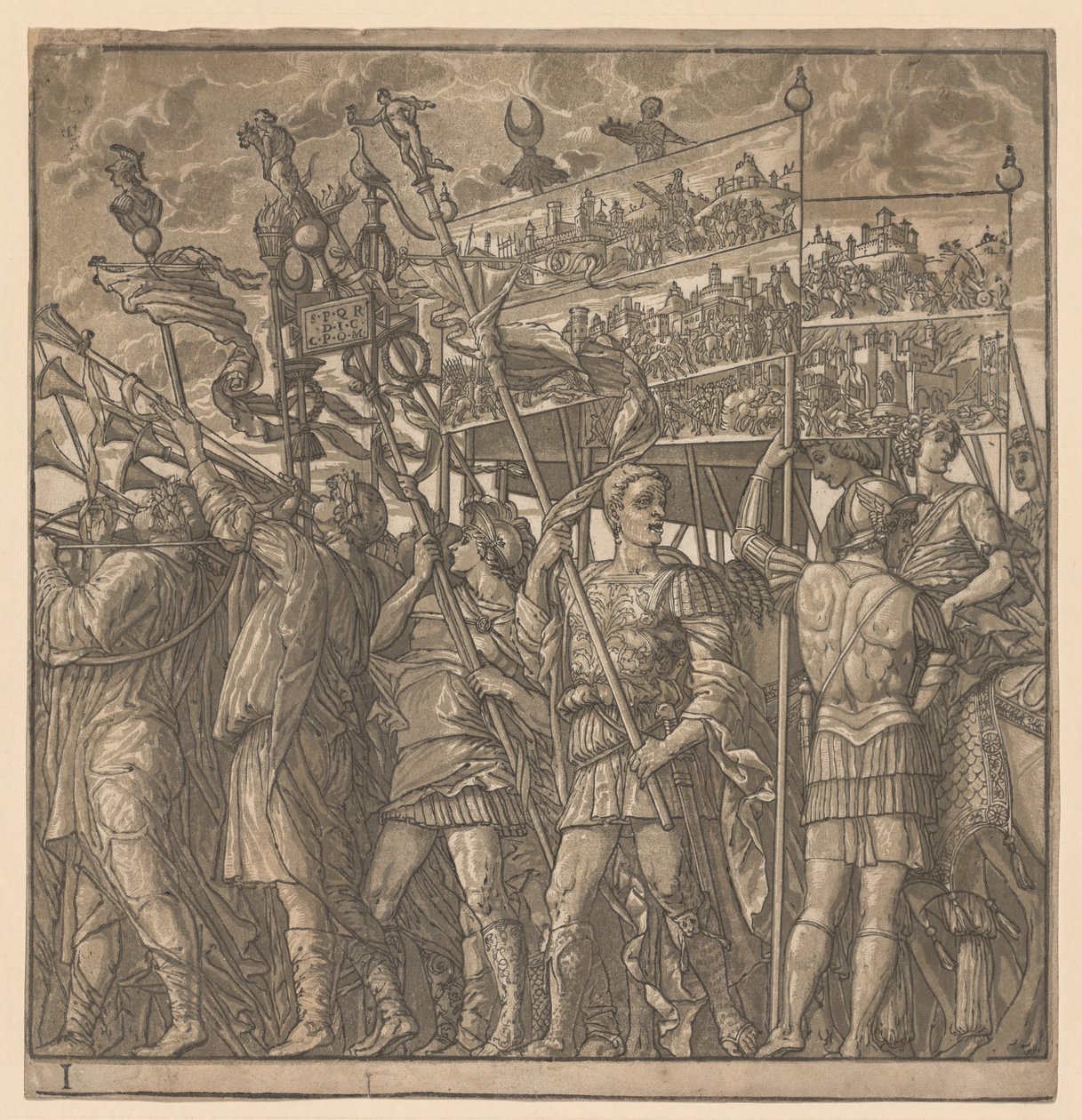 Julius Cæsars triumf: Soldater, der bærer billederne af krigen, 1593-99. af Andrea Andreani