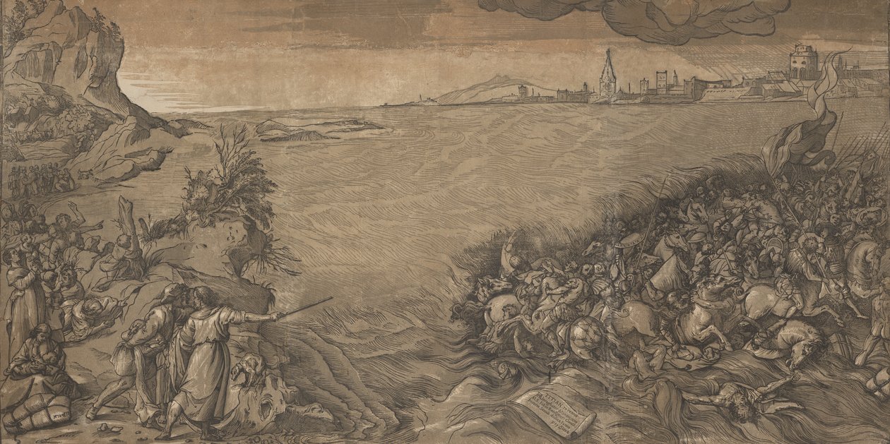 Ved at krydse det røde hav står Moses til venstre og peger på hæren, der er under vand..., 1589. af Andrea Andreani