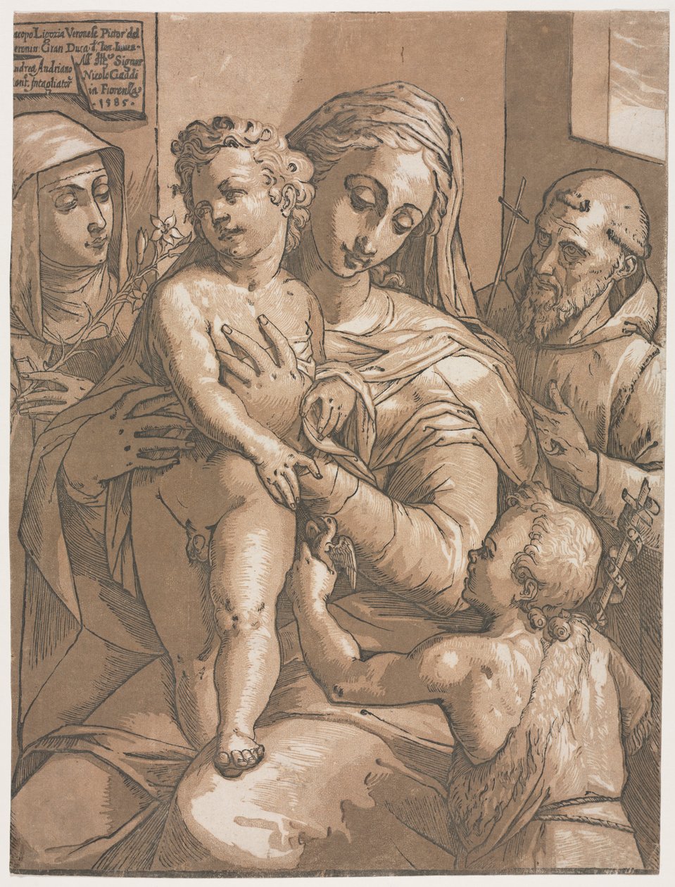 Jomfru og barn med St. John, St. Catherine of Siena og St. Francis, 1585. af Andrea Andreani