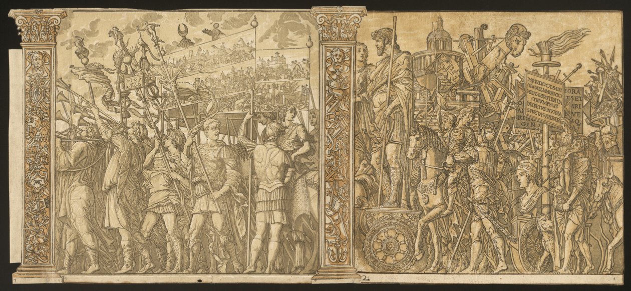 Julius Cæsars triumf [nr. 1 og 2 plus 2 søjler] af Andrea Andreani after Andrea Mantegna
