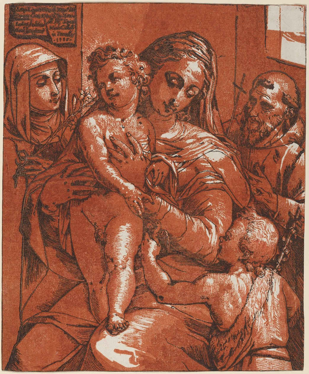 Madonna og barn ledsaget af hellige af Andrea Andreani after Jacopo Ligozzi