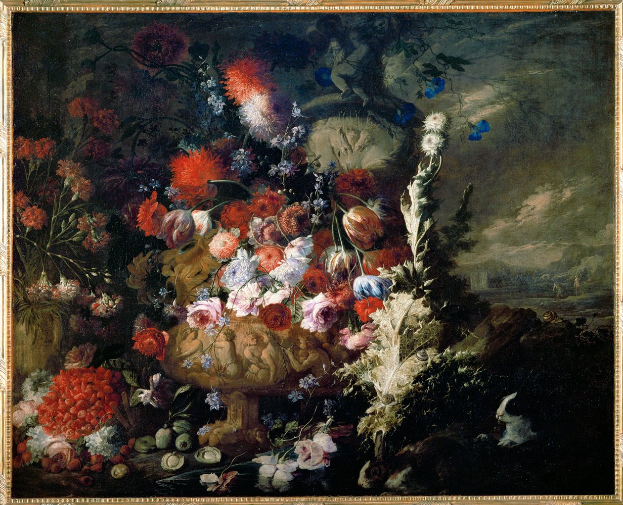 Vase med blomster og frugt i et landskab - Vase de fleurs et fruits dans un paysage ... af Andrea Belvedere