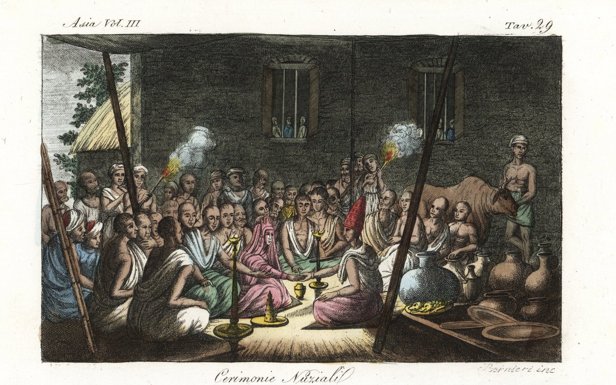 Hinduisk brahmin-ægteskabsceremoni eller Bibaha afholdt i konens hus. Håndfarvet kobberplade tegnet og graveret af Andrea Bernieri efter Francois Solvyns fra Giulio Ferrarios antikke og moderne kostumer af alle verdens folk, Firenze, Italien af Andrea Bernieri