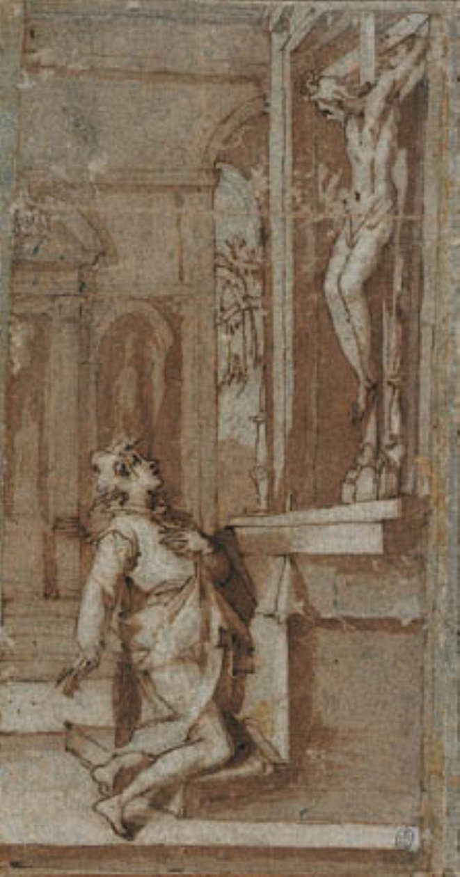 Kristus på krucifikset i San Miniato hælder hovedet mod St. John Gualberto af Andrea Boscoli