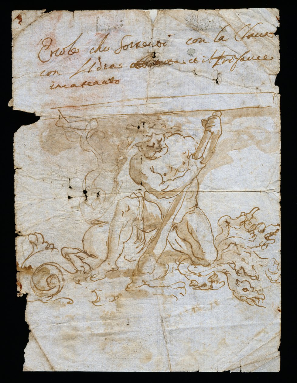 Designskitse til vasestand, base forestillende Hercules med Hydra og Cerberus, Andrea Brustolon (1662-1732), akvarelpen på hvidt papir, Italien af Andrea Brustolon