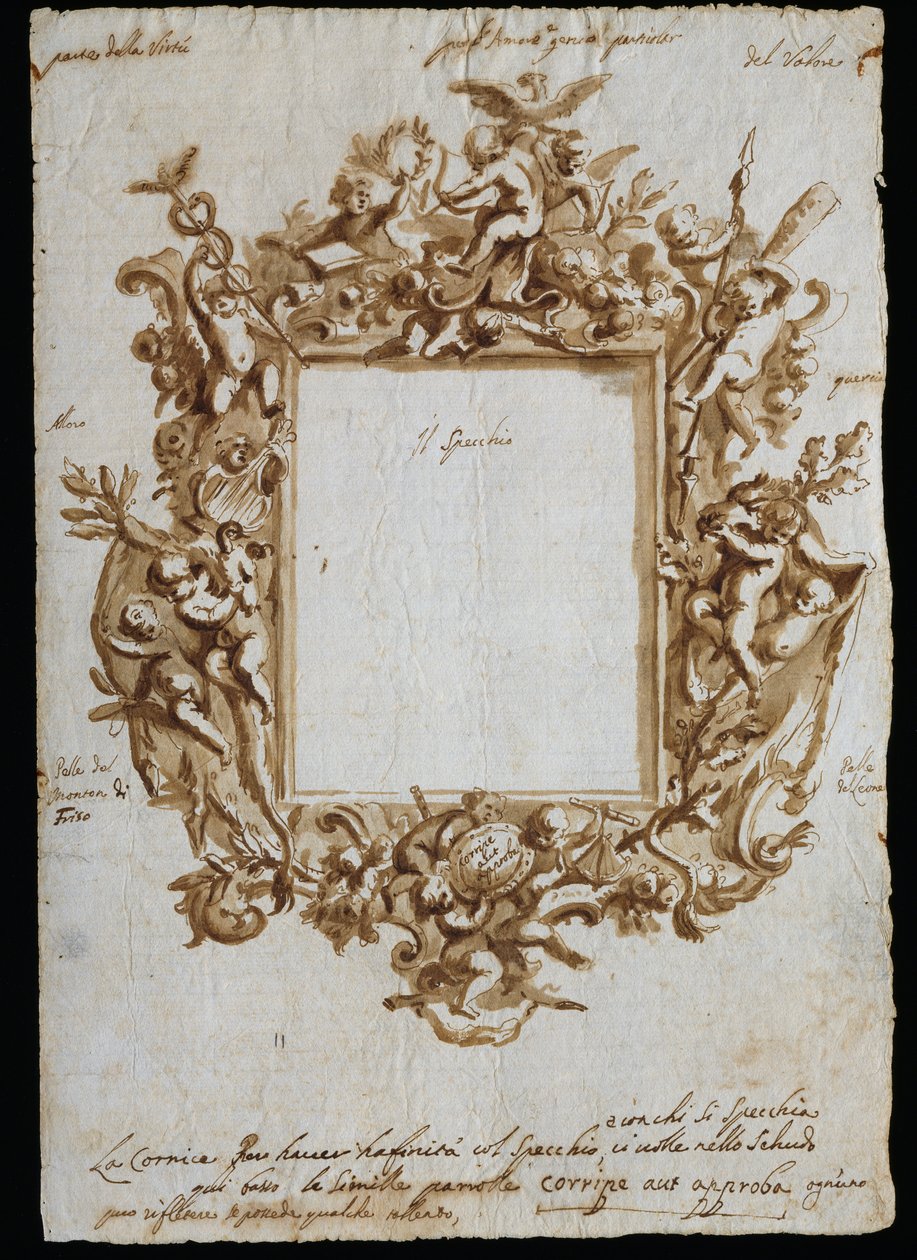 Ortogonal tegning til allegorisk ramme, ca 1700, af Andrea Brustolon (1662-1732), akvarelpen på hvidt papir, Italien af Andrea Brustolon