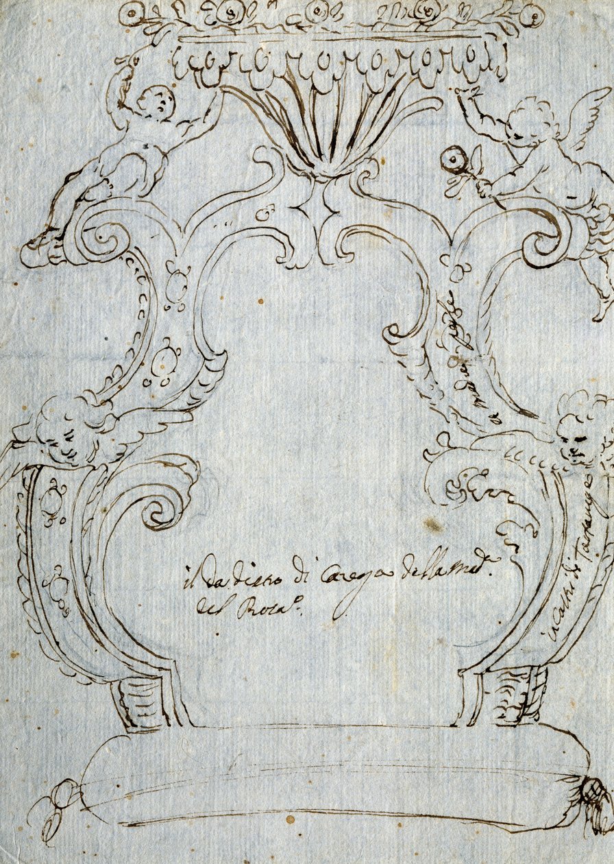 Skitse til stoleryg, ca 1715, af Andrea Brustolon (1662-1732), blyant og kuglepen på hvidt papir, Italien af Andrea Brustolon
