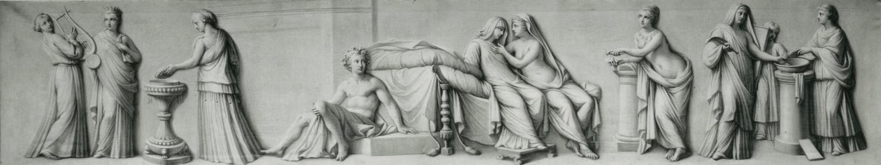 Et grisaille-panel, der viser scener baseret på Aldobrandini-ægteskabet af Andrea Casali
