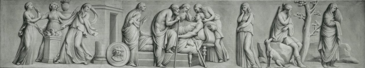 Et grisaille-panel, der viser scenen for Meleagers død af Andrea Casali