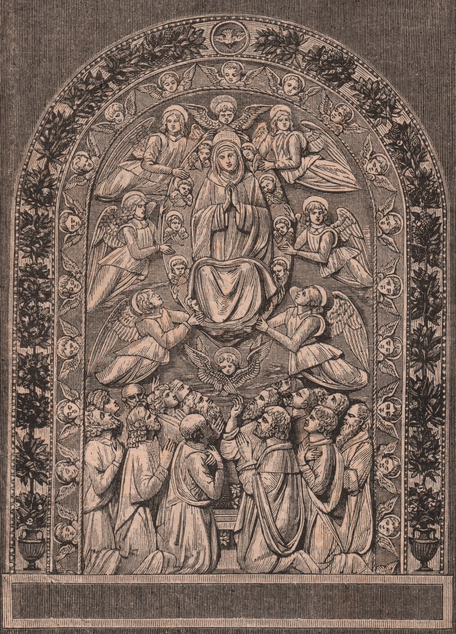 Antagelse af Jomfru, af Andrea della Robbias værksted (1435-1525 eller 1528), Pinacoteca di Citta di Castello, Umbrien, Italien, træsnit fra Le cento citta d