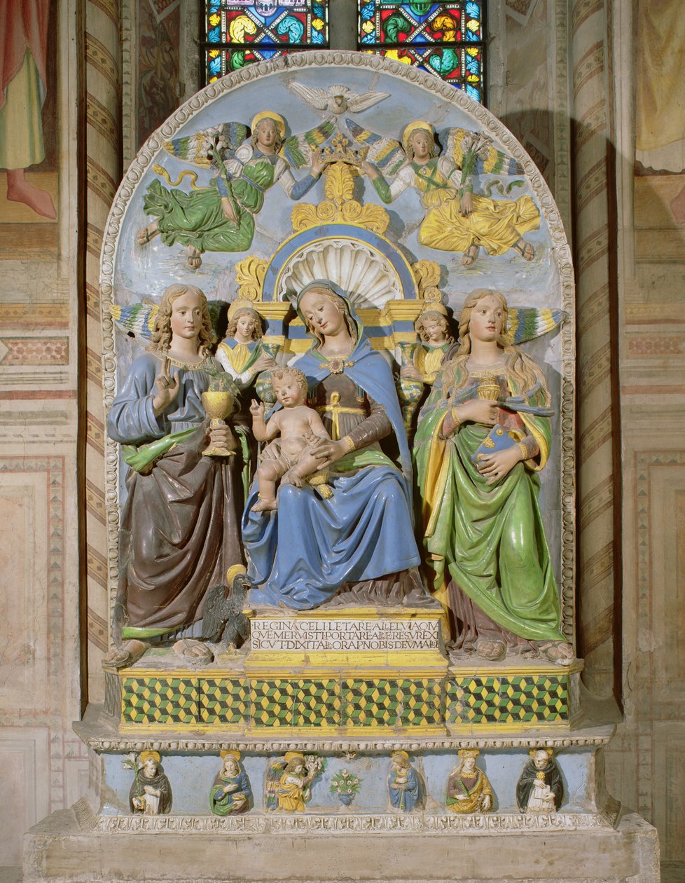 Madonna and Child Enthroned, Medici Chapel altertavle (tinglaseret lertøj) af Andrea Della Robbia