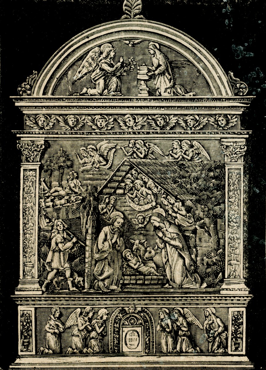 Nativity, terracotta altertavle af Andrea della Robbia, fra Saint Clare kirke, Sansepolcro Civic Museum, Toscana, Italien, træsnit fra Le cento citta d