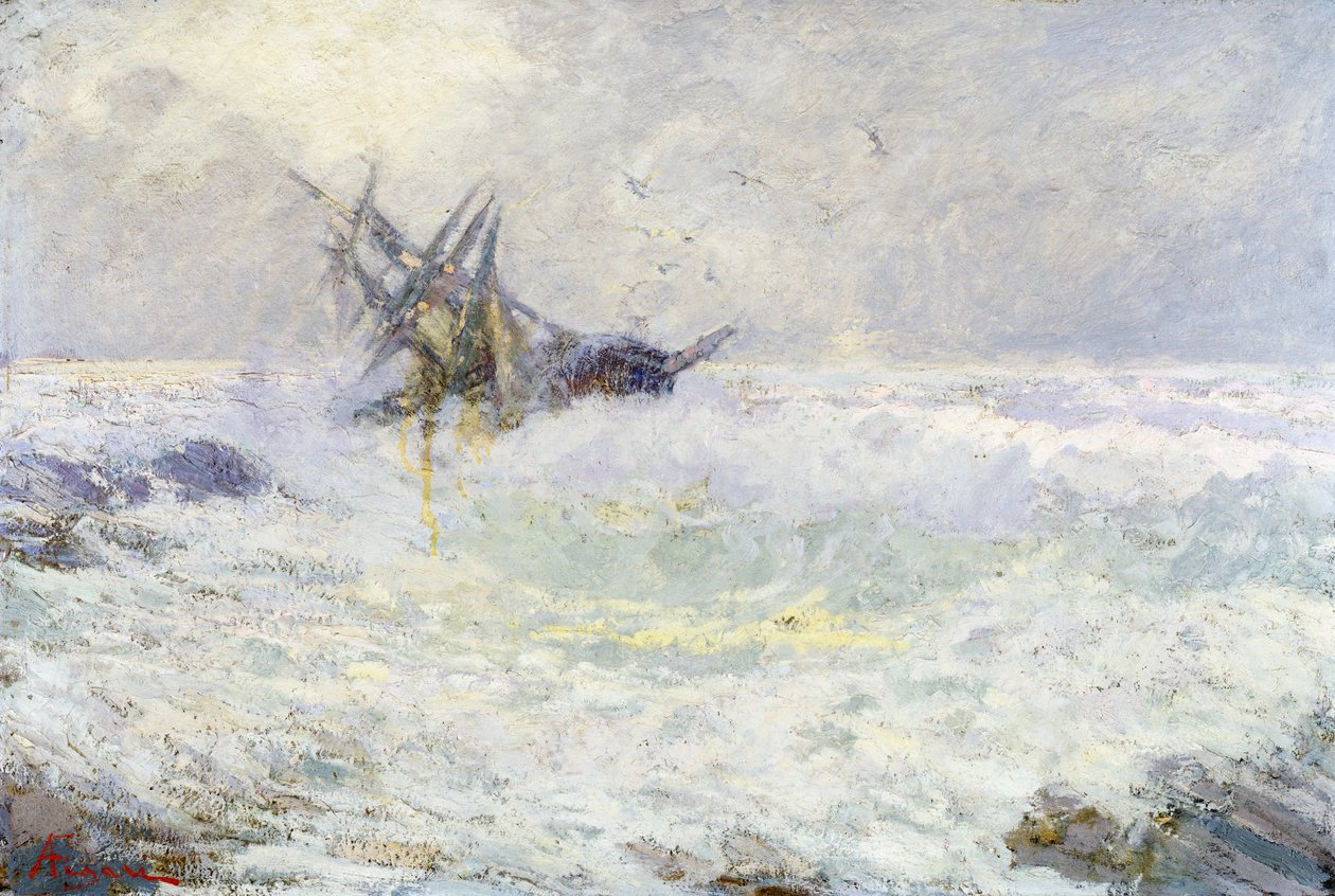 Stormfuldt hav eller Sidste kys, af Andrea Figari (1858-1954), olie på pap, 72x105 cm. Italien af Andrea Figari