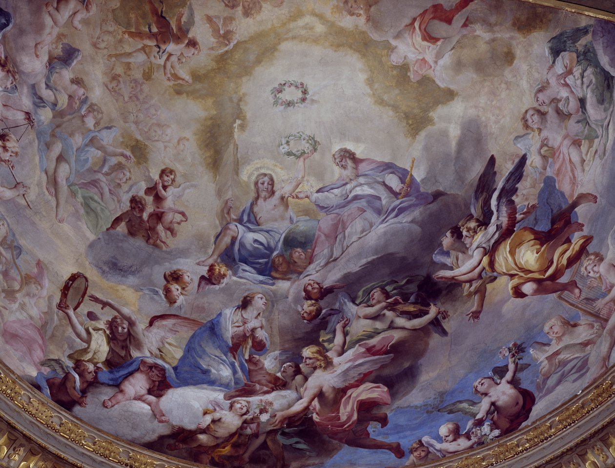 Coronation of Virgin, fresko malet i 1699 af Andrea Lanzani (1641-1712) fra koret fra Sanctuary Of Incoronata, Lodi. Italien af Andrea Lanzani