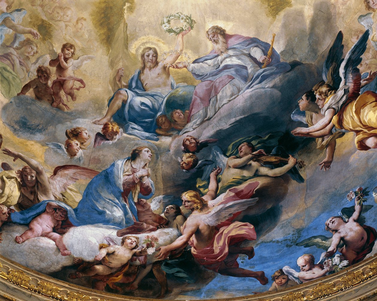Coronation of Virgin, fresko malet i 1699 af Andrea Lanzani (1641-1712) i kor af Sanctuary Of Incoronata, Lodi. Italien af Andrea Lanzani