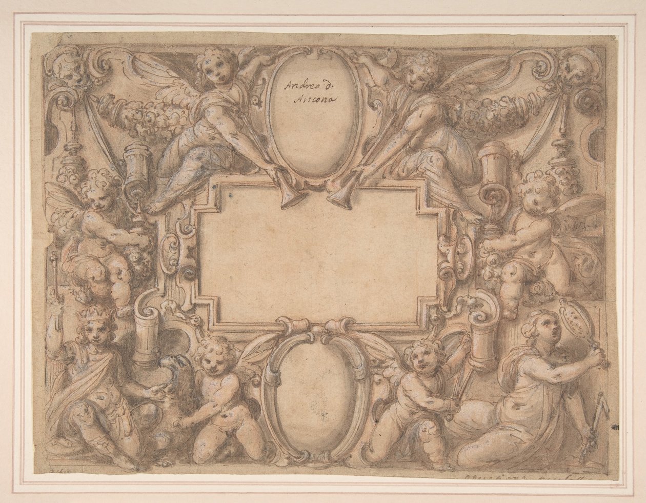 En kartouche og to skjolde omgivet af allegoriske figurer., 1570-1631. af Andrea Lilli