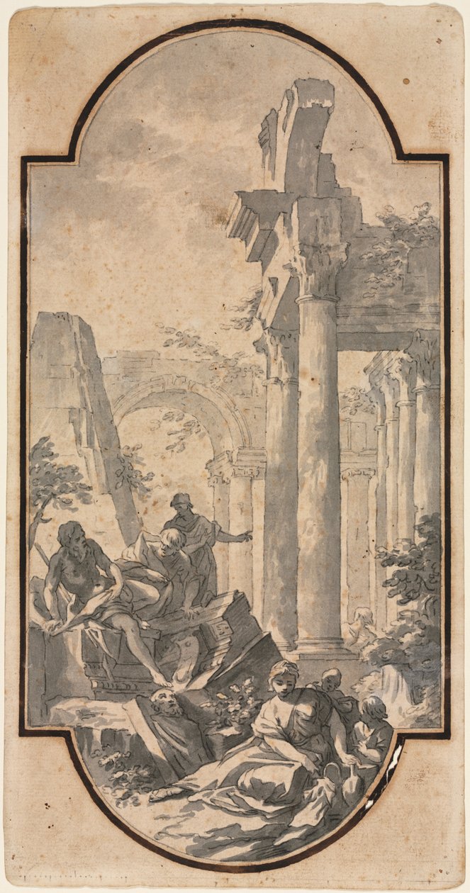 Figurer nær ruinerne af et korintisk tempel (recto) af Andrea Locatelli