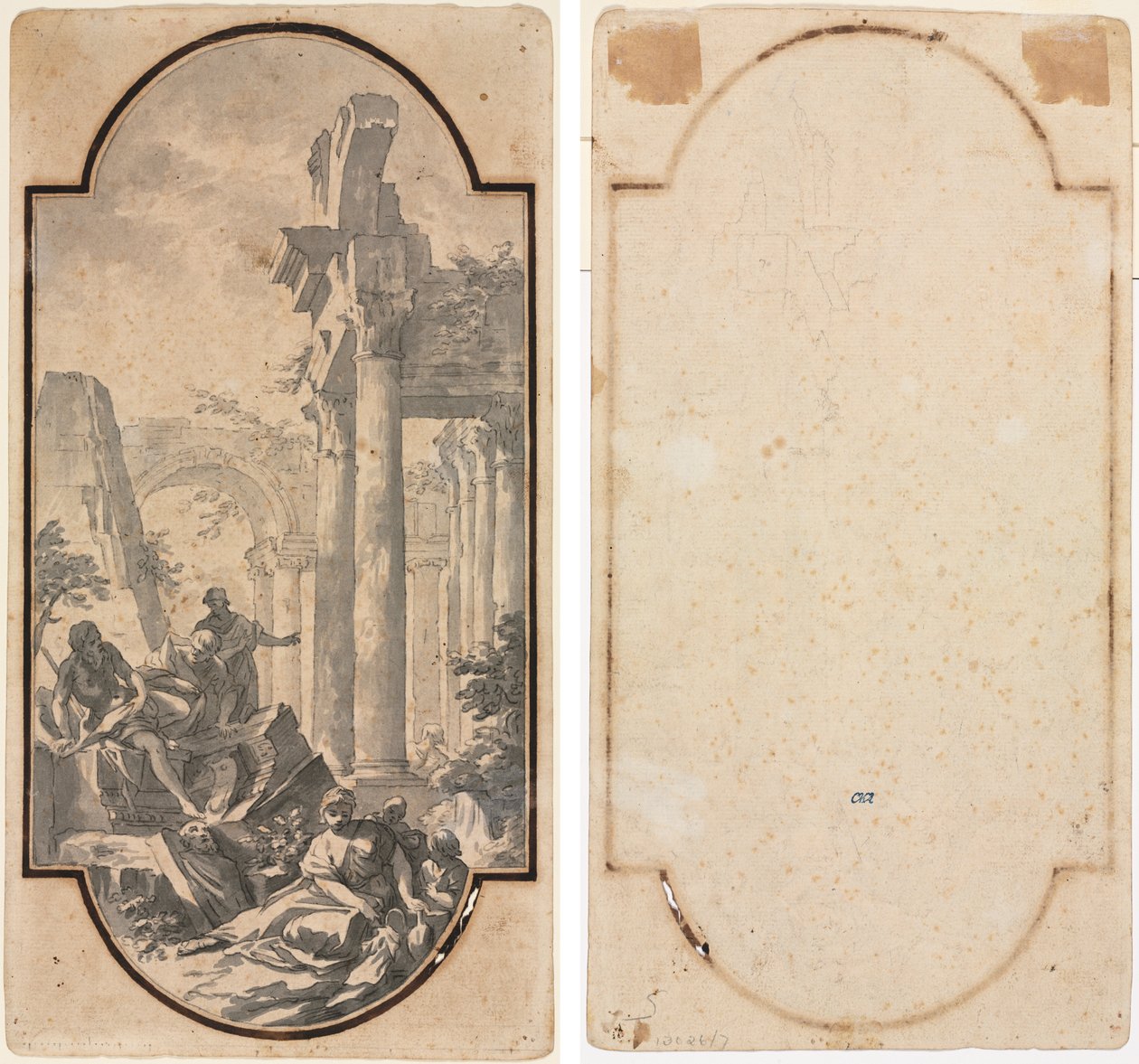 Figurer nær ruinerne af et korintisk tempel (recto); Fragment af en bue (sporing fra recto) (verso) af Andrea Locatelli