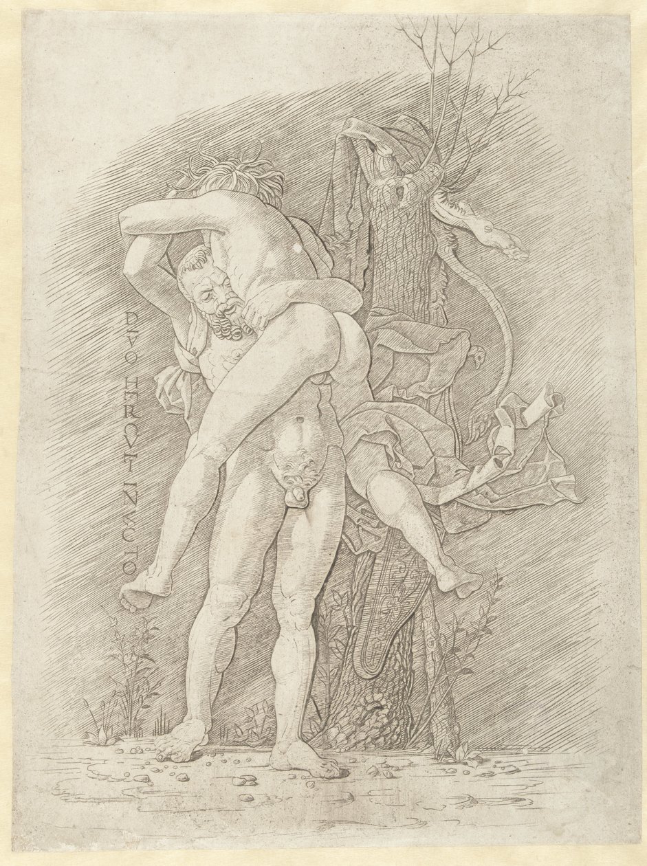 Hercules og Antaeus Den uovervindelige gud Hercules (titel på objekt) af Andrea Mantegna (school of)