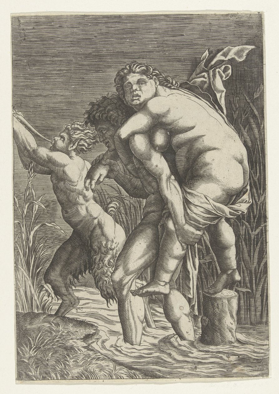 Mand bærer kvinde på ryggen og en satyr af Andrea Mantegna (school of)