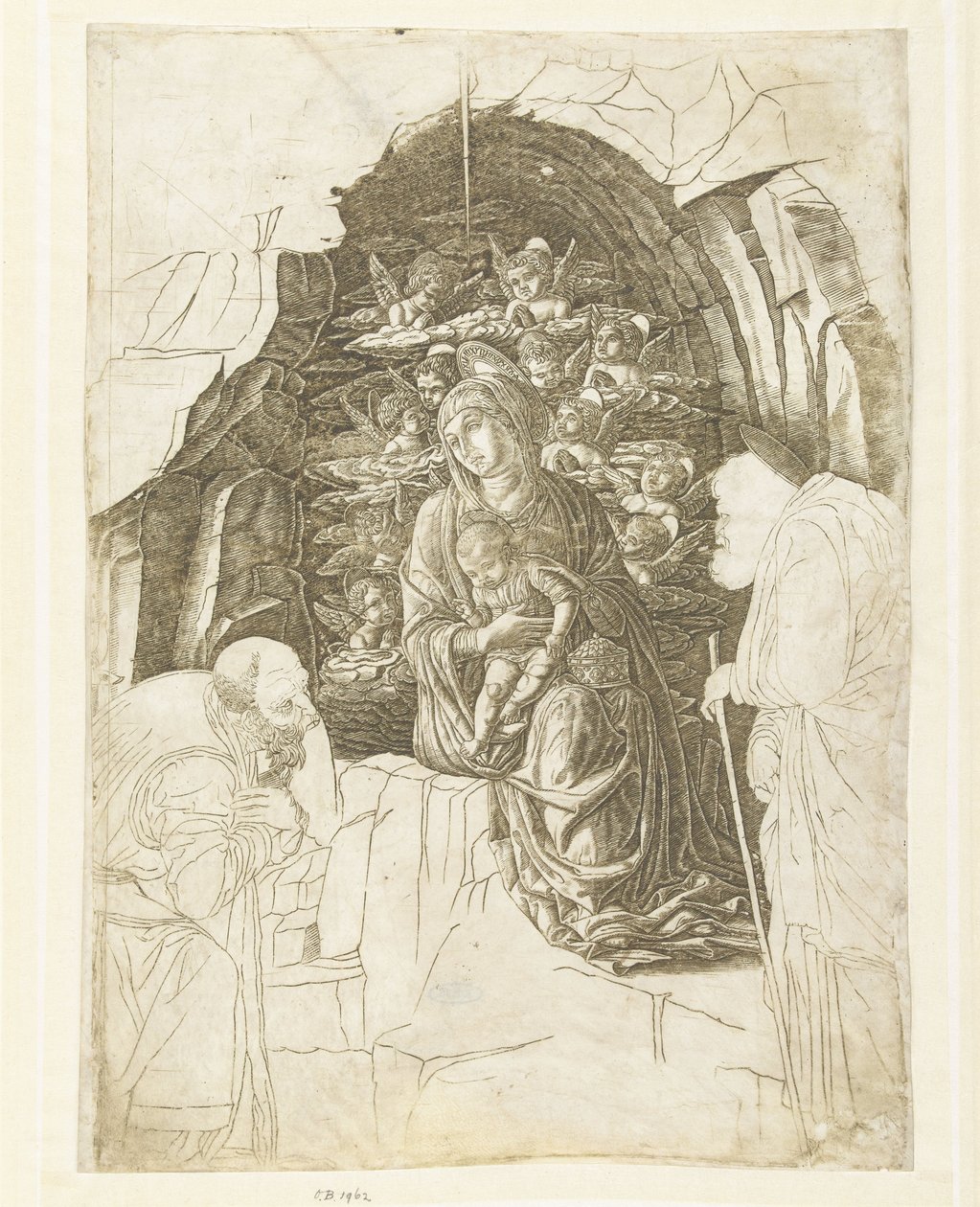 Maria med barn omgivet af engle i hulen med Josef og konge i tilbedelse af Andrea Mantegna (school of)
