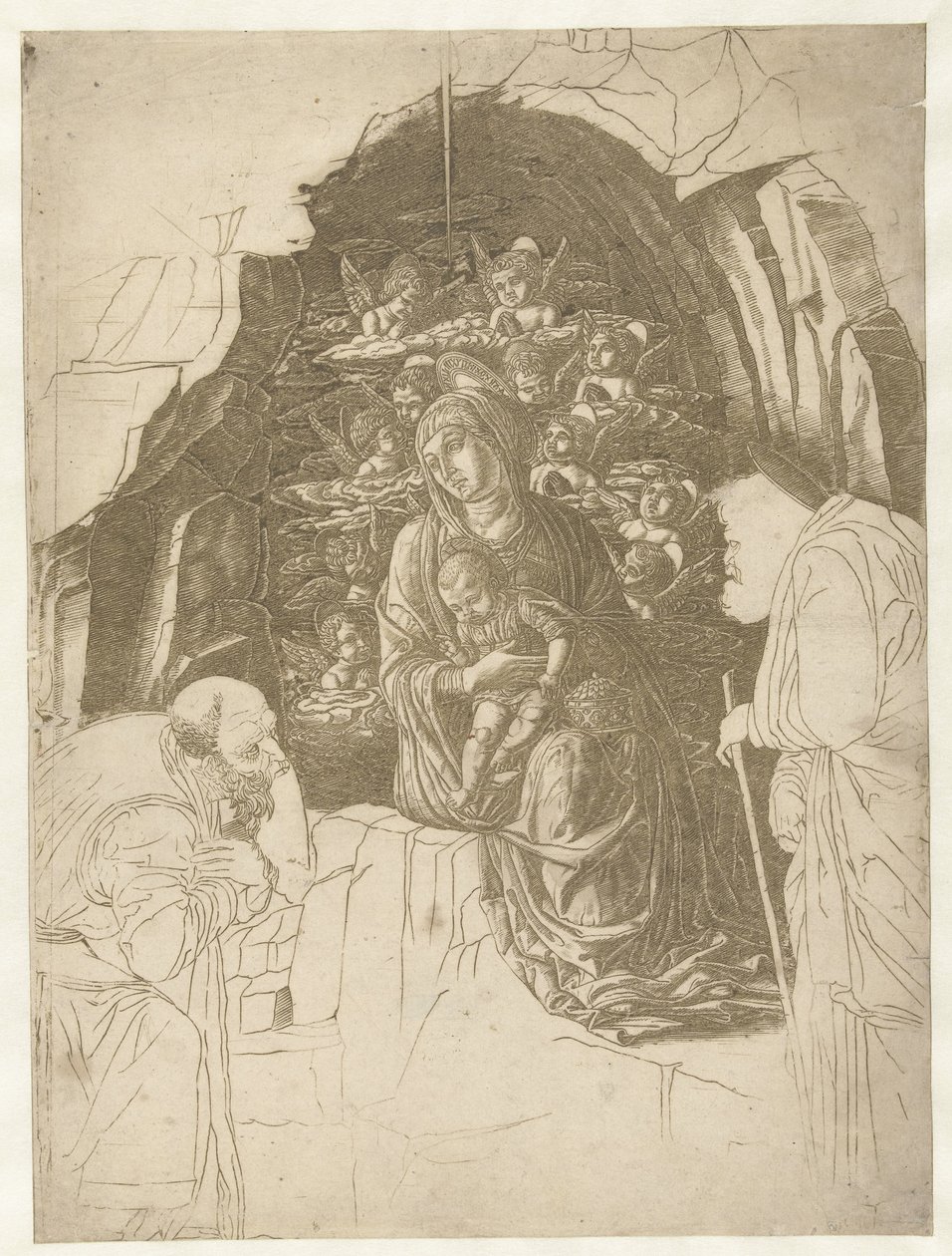 Maria med barn omgivet af engle i hulen med Josef og konge i tilbedelse af Andrea Mantegna (school of)