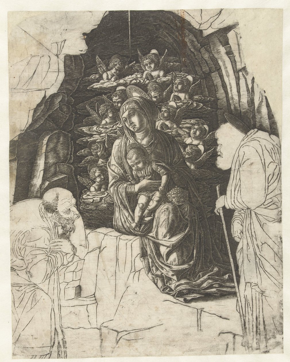 Maria med barn omgivet af engle i hulen med Josef og konge i tilbedelse af Andrea Mantegna (school of)