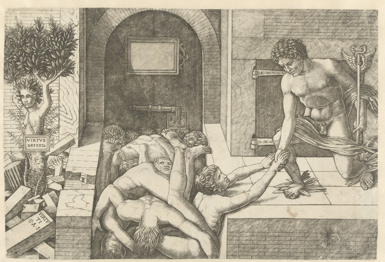Merkur som personificering af dyd redder sjæle i Limbo, og Daphne bliver til et træ Virtus Deserta (titel på objekt) af Andrea Mantegna (school of)