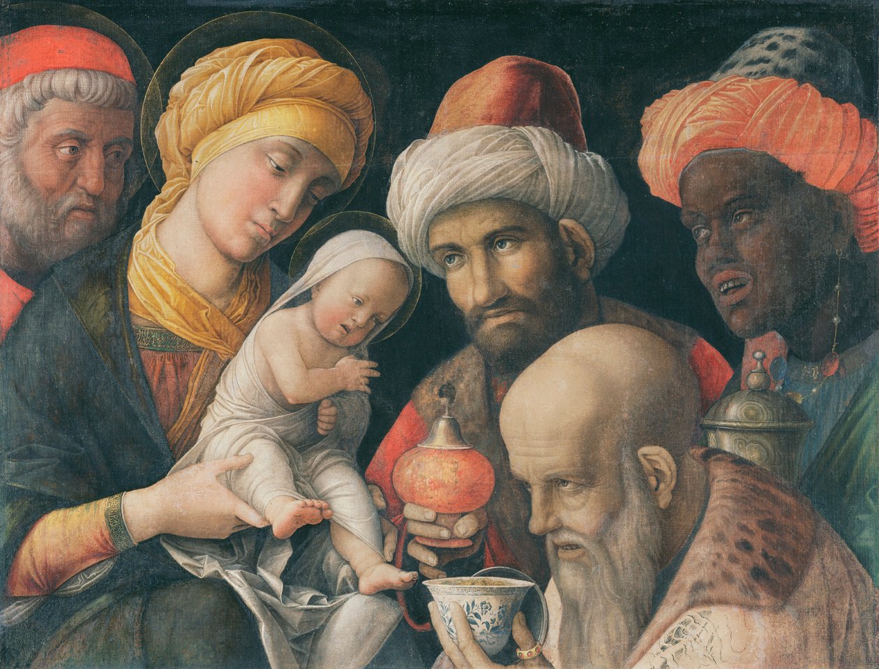 Tilbedelse af Magi, ca. 1495-1505 (Villesyge på linned) af Andrea Mantegna