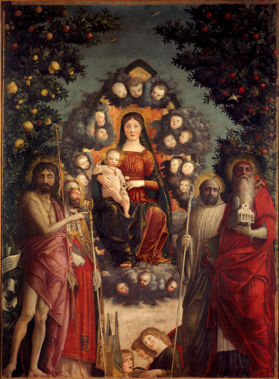 Altertavle Trivulzio "" Den hellige samtale"" Jomfruen og Jesus Kristus repræsenteret i en mandorla. De er omgivet af Johannes Døberen, Pave Sankt Gregoire I den Store (540-604), Sankt Hieronymus (som bærer en kirke og bøger), Sankt Benedikt (dre) af Andrea Mantegna