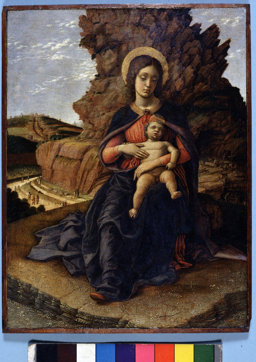 Andrea Mantegna, "Jomfruen af stenbrud"": Jomfru og barn og på baggrunden stenbrud med arbejdere på arbejde, Uffizi Gallery, Firenze af Andrea Mantegna