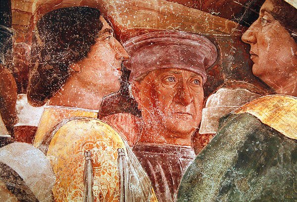 Ankomst af kardinal Francesco Gonzaga, detalje af Mantegna og hofmænd på højre side, ca. 1465-74 (detalje af 78454) af Andrea Mantegna