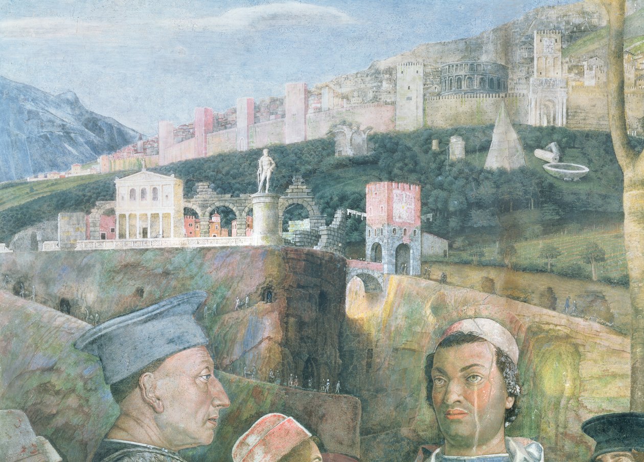 Ankomst af kardinal Francesco Gonzaga; detalje af baggrunden, der viser en idealiseret udsigt over Rom, fra Camera degli Sposi eller Camera Picta, 1465-74 freskodetalje af 78449 af Andrea Mantegna