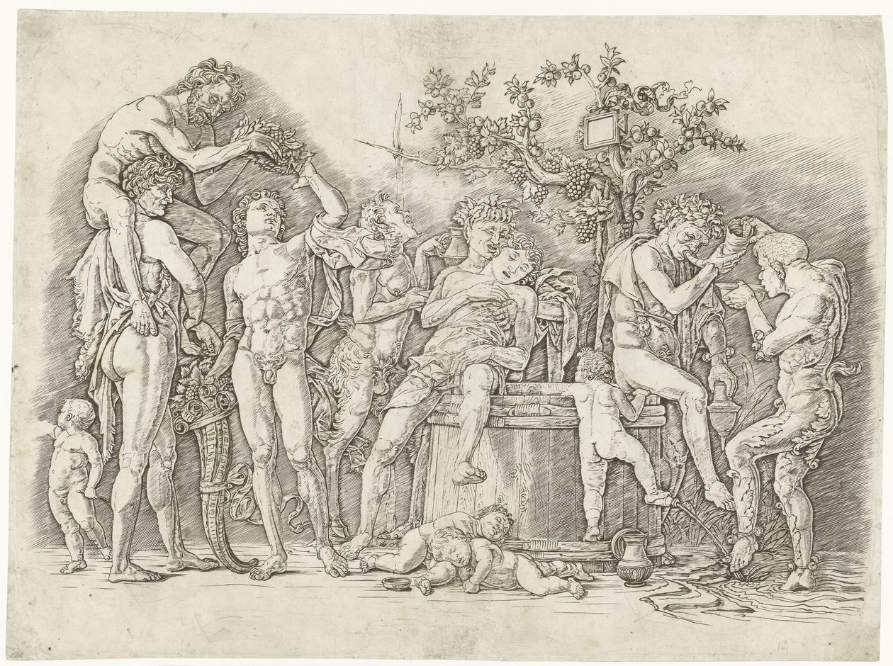 Bacchanal med satyrer og bacchanter ved vinpresse af Andrea Mantegna