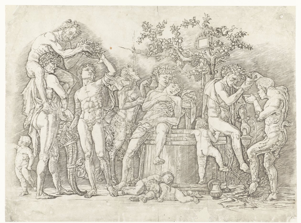 Bacchanal med satyrer og bacchanter ved vinpresse af Andrea Mantegna