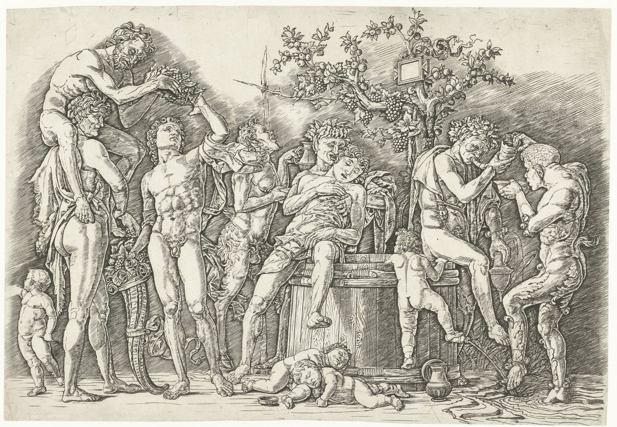 Bacchanal med satyrer og bacchanter ved vinpresse af Andrea Mantegna