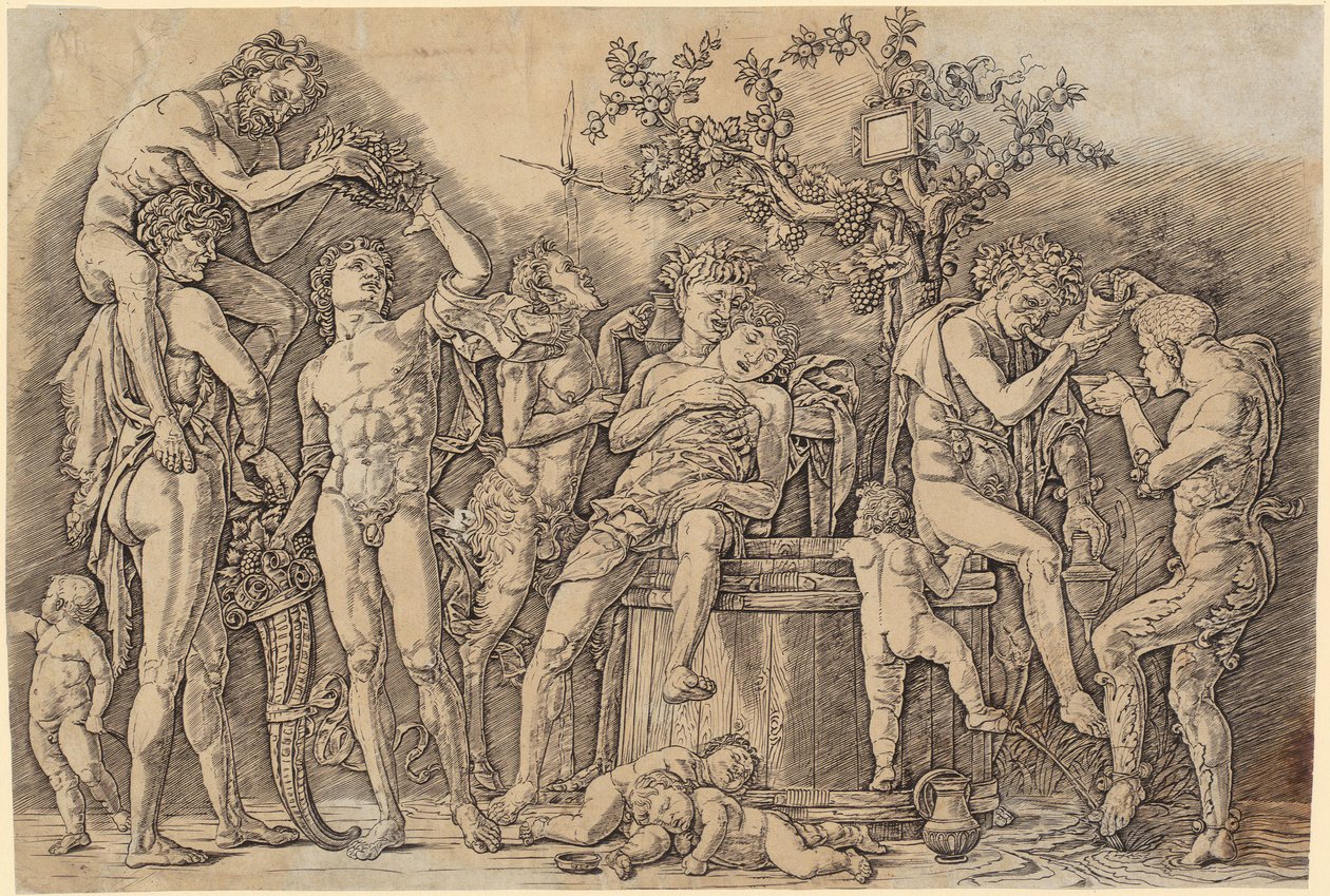 Bacchanal mit einem Weinfass af Andrea Mantegna