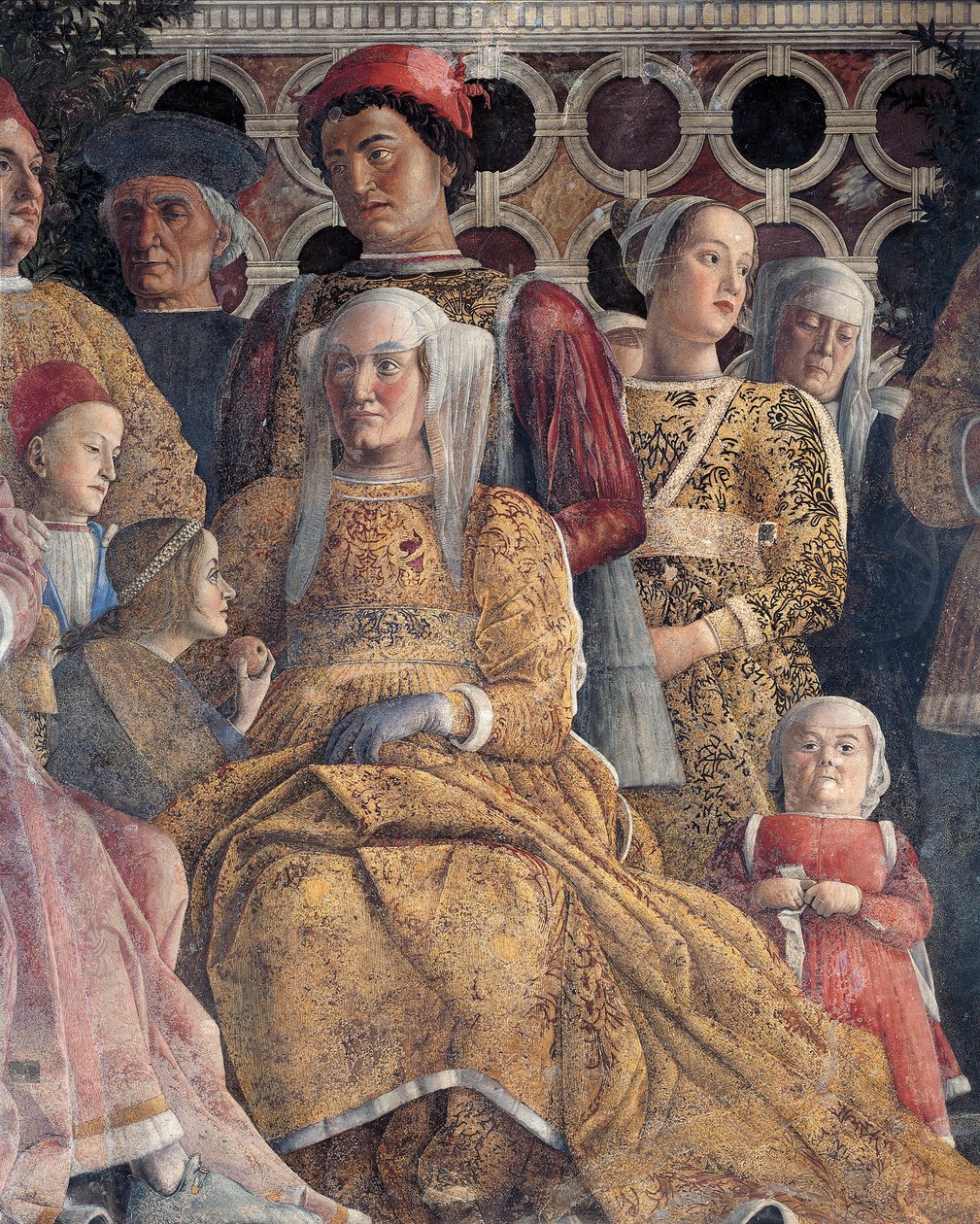 Barbara af Brandenburg med sin datter Paula og Rodolfo Gonzaga, detalje fra Hofmuren, af Andrea Mantegna (1431-1506), freskomaleri, San Giorgio Slot, Bryllupskammer eller Camera Picta, Mantua af Andrea Mantegna