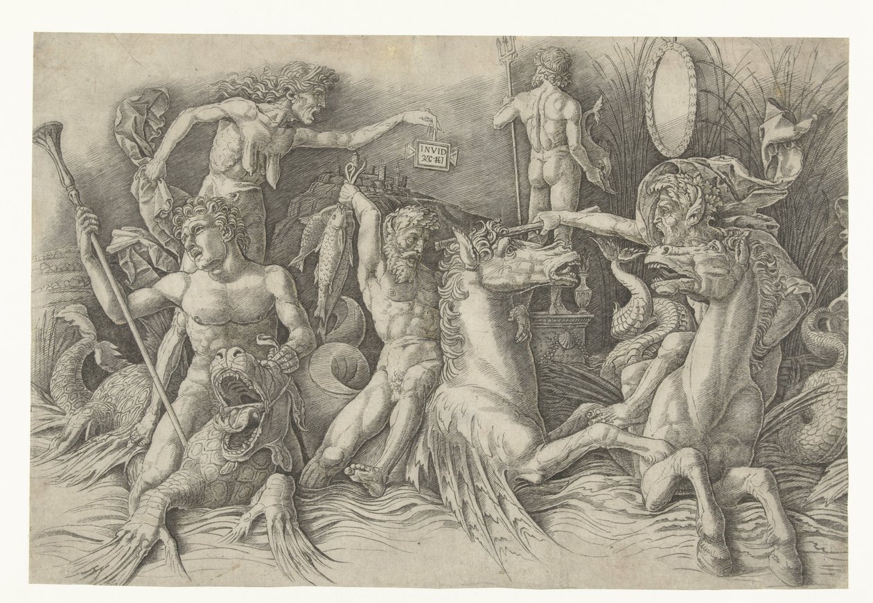 Battle of the Sea Gods, med Envy (Invidia) til venstre Kamp mellem satyrer, der rider på hippocampi, og gammel kvinde som personificering af misundelse, der står på ryggen af ​​dragen Slaget ved havguderne af Andrea Mantegna