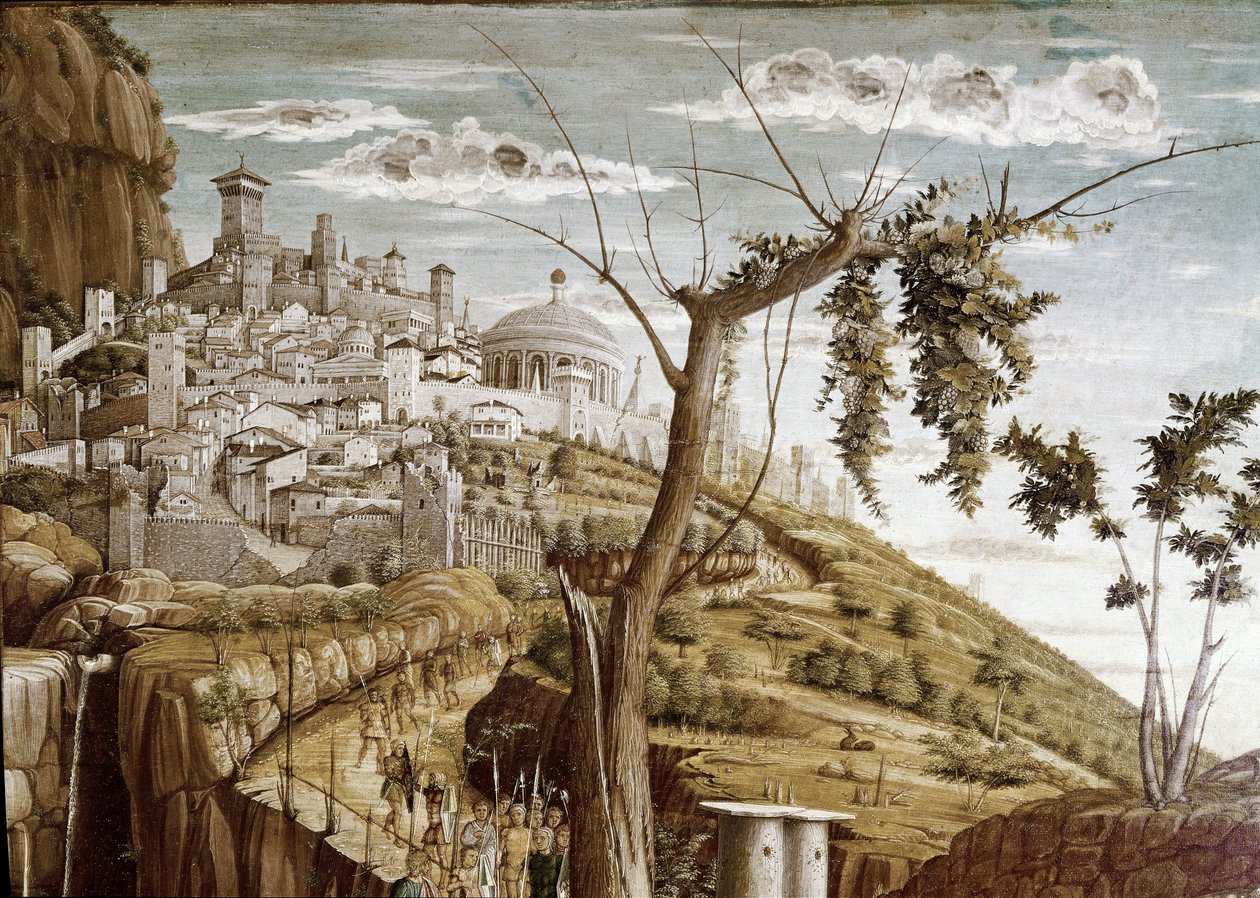 Kristus beder i oliventræernes have, venstre del af predellen, San Zeno-altertavlen (tempera på træ, ca. 1457-1460) af Andrea Mantegna