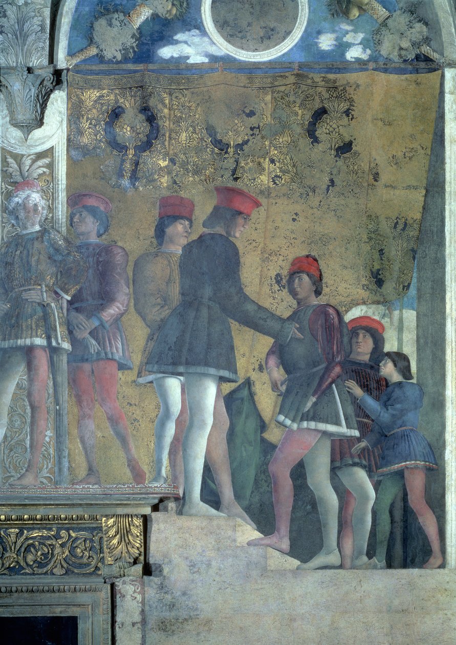 Hofmænd fra hoffet til Marchese Ludovico Gonzaga III af Mantua, fra Camera degli Sposi eller Camera Picta, 1465-74 freskodetalje af 78449 af Andrea Mantegna
