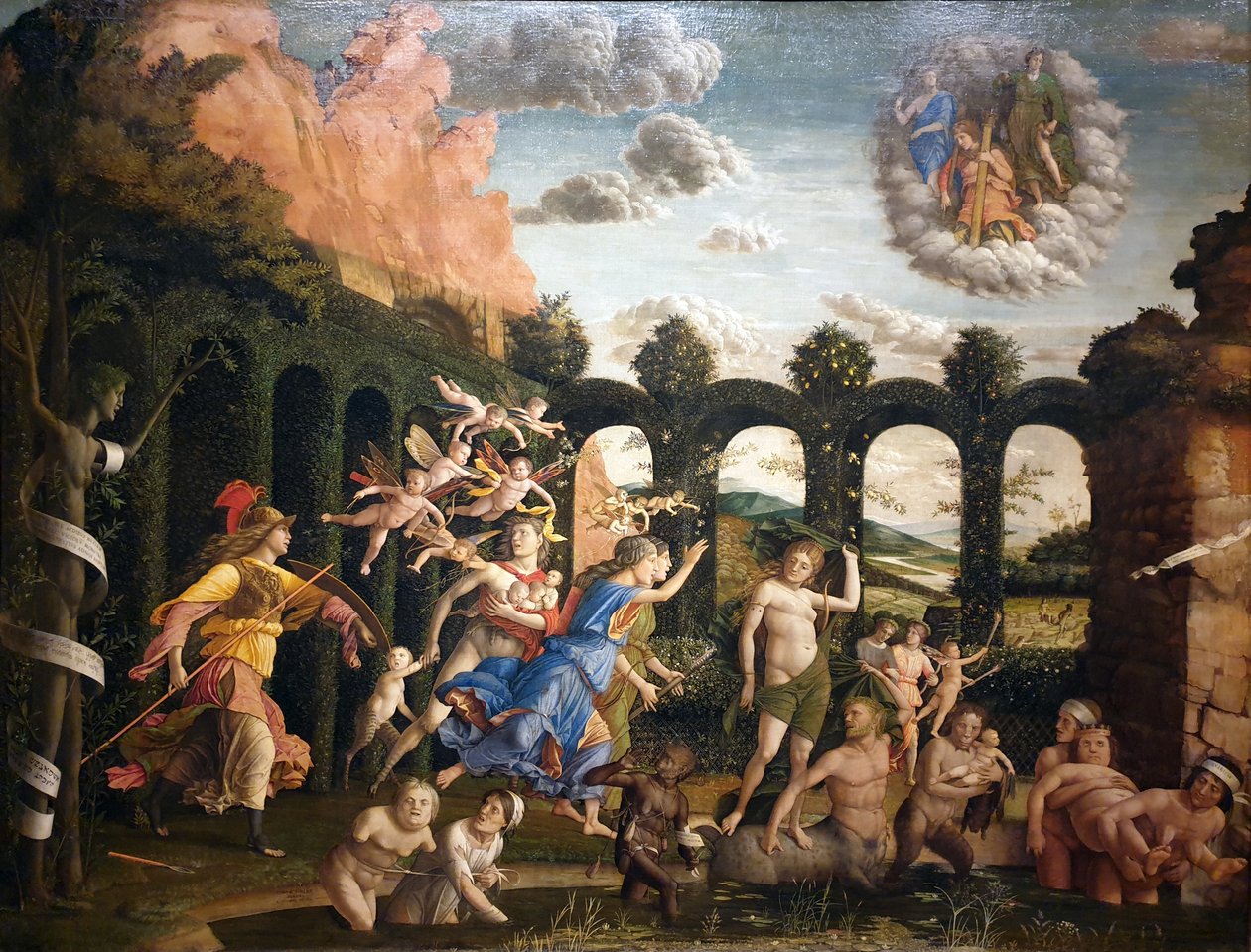 Tysk: Der Sieg der Tugend Minerva uddriver lasterne fra dydens have af Andrea Mantegna
