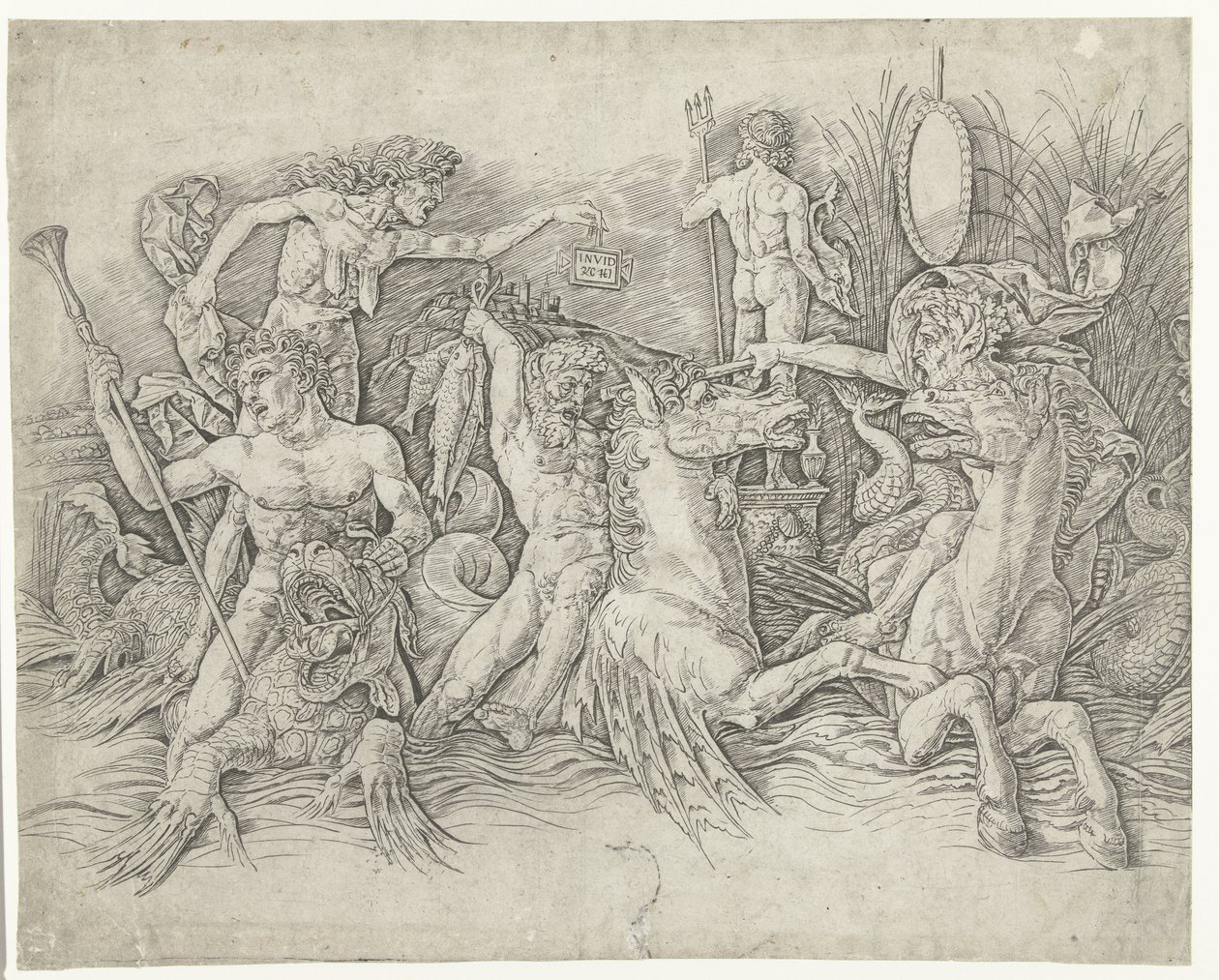 Kamp mellem satyrer, der rider på hippocampi, og gammel kvinde som personificering af misundelse, der står på ryggen af ​​dragen Slaget ved havguderne af Andrea Mantegna