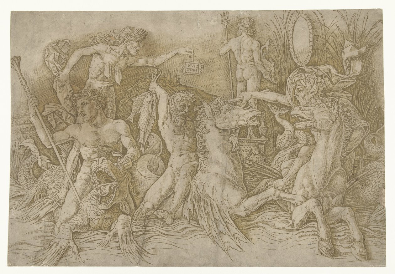 Kamp mellem satyrer, der rider på hippocampi, og gammel kvinde som personificering af misundelse, der står på ryggen af ​​dragen Slaget ved havguderne af Andrea Mantegna