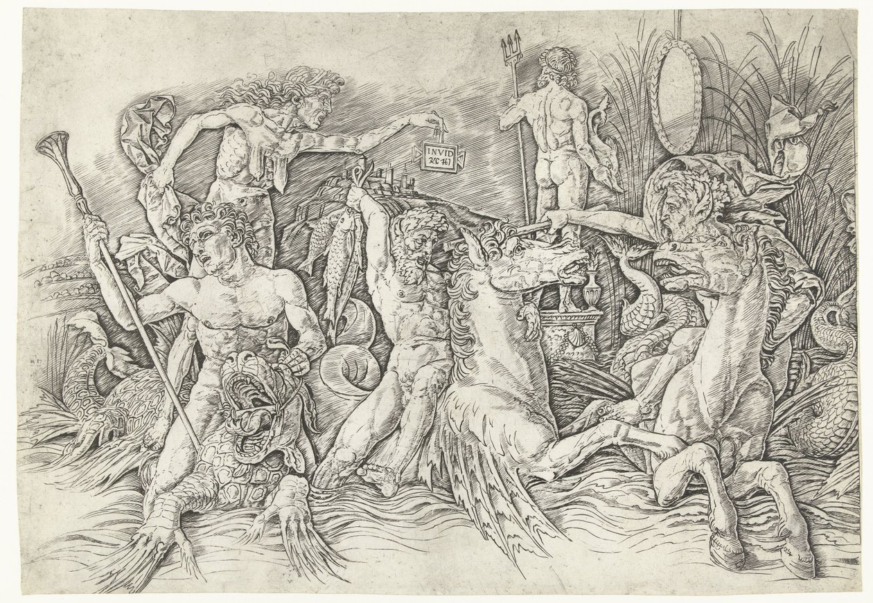 Kamp mellem satyrer, der rider på hippocampi, og gammel kvinde som personificering af misundelse, der står på ryggen af ​​dragen Slaget ved havguderne af Andrea Mantegna